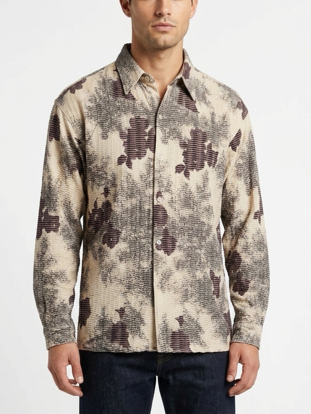 Vintage Creme De Silk Men’s Medium Floral Textured Button Up Shirt Silk Blend